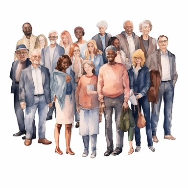watercolor, Group of friendly diverse people standing together Men and women of various ages posing isolated on white. Happy old and young generations of characters. Social diversity png Full body realistic cartoon in 32K UHD cute. 15 cm thick outline. Black color. There was no shadow on the ground. 8k with realistic watercolors and detailed illustrations. PNG clipart, transparent white background