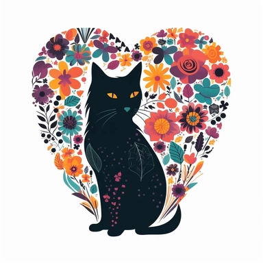 shaggy cartoon style cat in the center of vibrant colored boho style flowers in a heart shape border, silhouette vector flat simple identification symbol white backround white background minimalistic clipart png svg