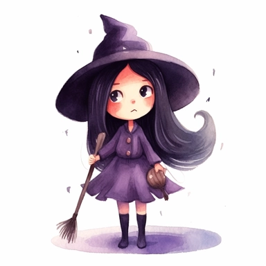 Mona the little witch, a little witch character, getting ready to cast a spell, watercolor children's book illustration style clipart, simple, cute, full colour, purple witch hat, dark purplish hooded dress, black shoes, dark purplish clothes, long black hair, flat colour,
