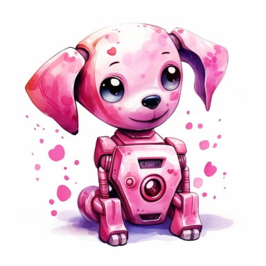 watercolor kawaii pink robot dog clipart on a white background