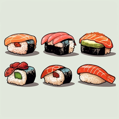 Picture an enticing clipart of various nigiri sushi, each carefully drawn with attention to detail. The sushi pieces are topped with slices of fresh, glistening fish like bright pink salmon, deep red tuna, and iridescent eel, each set atop a hand-moulded mound of sushi rice. The bright and contrasting colors of the sushi are brought to life against a crisp, white background.
