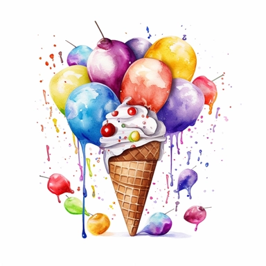 Clipart, watercolor, white background: Create a festive clipart of an ice cream party, with an assortment of colorful cones, toppings, and ice cream flavors, surrounded by balloons and confetti