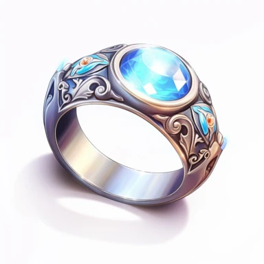 Craft an intriguing clipart of a mythical ring against a pristine white background. The ring should possess intricate designs and be encrusted with glistening gemstones. Let it emanate a soft, magical glow when worn, symbolizing the wearer's connection to mystical forces.