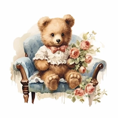 victorian vintage adorable little teddy with banquette and wild flowers, full body, clipart style, accurate details, oil painting technique, super high quality, professional watercolor clipart, high resolution