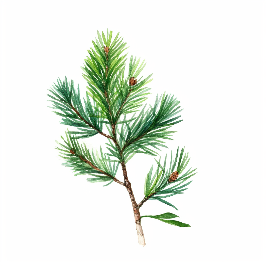 a little branch of a pine tree leaves, photo realistic, watercolor ...