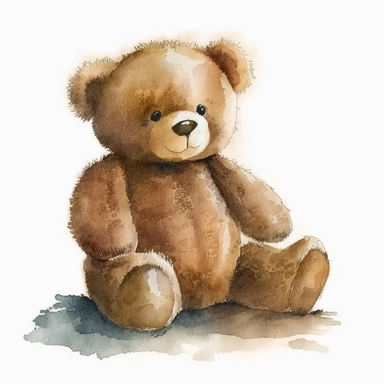 Watercolor brown fluffy jointed plain Teddy Bear clipart, happy, white back ground, no captions or text