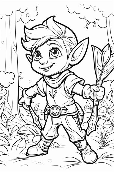 draw a coloring book sticker for kids of a happy elf with a sword walking in the forest, for a coloring book, for kids, clip art, cute cartoon, bold lines