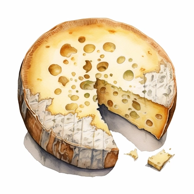 watercolor ultra realistic and hyper detailed illustration of a Cheese wheel with a slice missing, showing the interior, clipart, white background