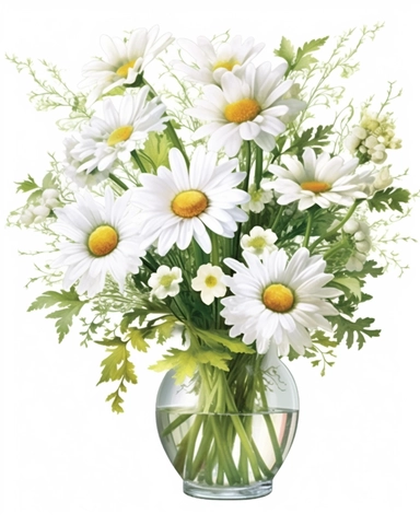detailed vibrant watercolor bouquet of white daisy flower in glass vase with water on white space , isolated on white background, realistic, clipart