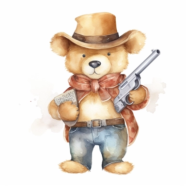 A cute watercolor clipart of a teddy bear dressed in Wild West cowboy attire, with a hat, boots, and a bandana around its neck. The bear has a confident stance and a revolver in its holster