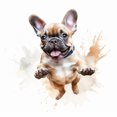 french bulldog puppy running, watercolor illustration, clipart, full body, hyper-realistic animal illustration, childlike, free brushwork, white background