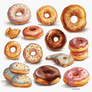 Donut shop clipart, donuts, bagels, white background, hd, spaced out