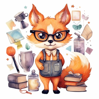 Back to School watercolor clipart, kawaii cute student animals, Fox teacher, animals graphics, School stationery png, School Supplies Clip art , natural color , white background