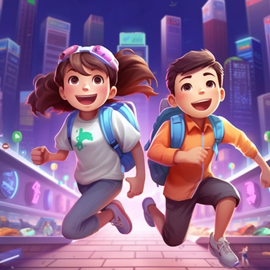 POPMARTstyle, OC renderer,a boy and a girl under 10 years old are depicted in detail from the front, Jumping and running happily with a backpack on their back，The action pose of opening the Bilibili APP logo. wide-eyed, smiling, They are located in a future technology museum, with electronic and lighting elements of the future. The boy has big eyes, wide-eyed,short hair, and wears primarily blue casual sportswear with a smart pen in his hand, School bag. The girl also has big blue eyes, wide-eye