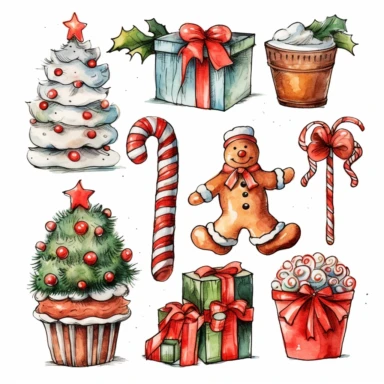 watercolor, Set of decorative lines with Christmas theme motifs. png Full body realistic cartoon in 32K UHD cute. 15 cm thick outline. Black color. There was no shadow on the ground. 8k with realistic watercolors and detailed illustrations. PNG clipart, transparent white background
