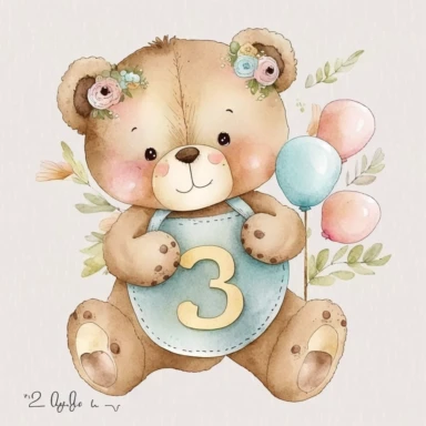 watercolor cute bears holding number 3 clipart