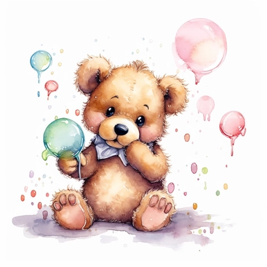illustrated teddy bear blowing bubbles, clipart variation on a white background