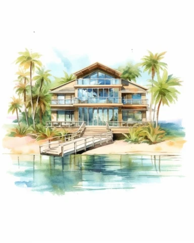 Watercolor clipart huge beach house, wide angle, long shot, realistic, isolated on white background