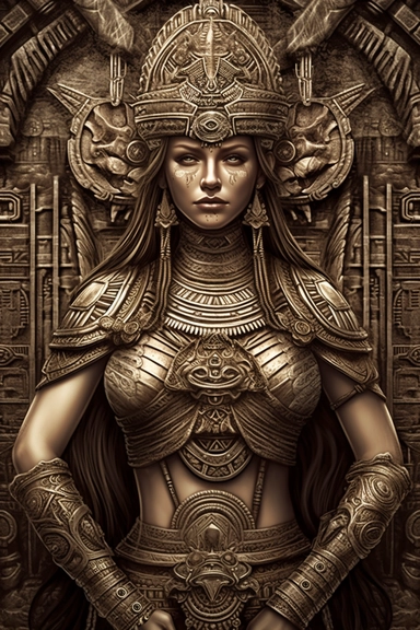 bronze metal finish, intricate detailed black white clip Art line art with shading of statue of hyper feminine muscular Mexican warrior goddess beautiful female with long hair big chest with a giant skeleton, Aztec Calendar, Aztec pyramid, in ancient times, mysterious dark background, cut and paste style, embossed into bronze tablet, hd, 48k,