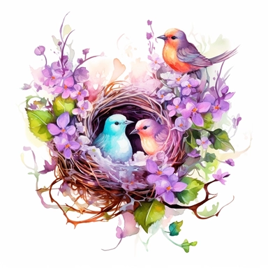 Highly detailed watercolor clipart, floral Bird Nests springtime cute birds and blossoms, , fantasy, highly detailed, fantasy cartoon illustration, greenery, alcohol ink, Watercolor, UHD, 8K, 3D