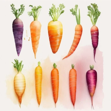 Design a series of watercolor carrot cliparts in various sizes and colors, such as orange, yellow, and purple.