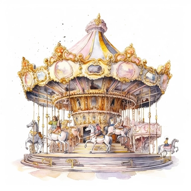very cute, charming fantasy amusement park, Carousel, ultra detailed, in light pink and yellow colors, mary whyte watercolor art style, clear line, white background , romantism , clipart