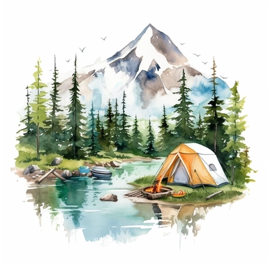 a captivating watercolor clipart image with a white background and white margins, featuring a backcountry campsite accessible only by hiking or backpacking, with a tent and stunning views. The ultra-detailed, hand-drawn elements capture the remote and serene beauty of backcountry camping. Use bold shades of various colors to create a visually appealing and adventurous image that conveys the spirit of exploration and connection with nature.