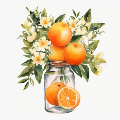 Create a watercolor oranges clipart with glass nd bouquets