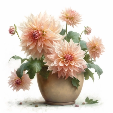 a simple gorgeous A cluster of creamy peachy-light pink Café Au Lait Dahlia flowers growing in a small pot on white background clipart, watercolor painting realistic, high quality, vibrant, Vicente Romero Redondo, Willem van Aelst