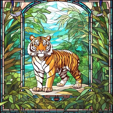 Rectangular stained glass window design, square corners 90 degrees, no background, view from solarium in the atrium, tiger in the rainforest, very detailed, clipart, clear crisp colors, photorealistic, oil paint, happy, beautiful, bright colors, cute, ultra-detailed, on a white background - - no cropping