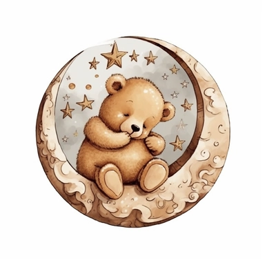 CLIPART, CUTE TEDDY BEAT SLEEPING ON A CRESCENT MOON, NEUTRAL BEIGE COLORS
