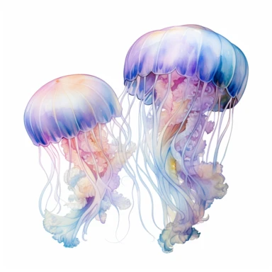 As delicate tendrils of pigment intertwined, the translucent bodies of watercolor jellyfish glowed with an otherworldly radiance, beckoning viewers into their mesmerizing aquatic realm. clipart on white background