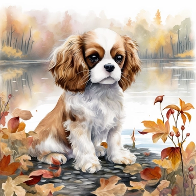 create a beautiful original high quality highly detailed watercolor clipart image of a very small happy and adorable king charles cavalier puppy surrounded by autumn flowers and a lake in the backdrop in a autumn setting, include high detail to the puppys fur and eyes, include fall colors, white background, no text, no font, no words