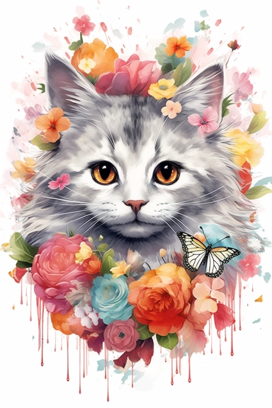 Cute floral and butterflies gray kitten clipart, 8k, detailed digital art, bright, colorful, watercolor, white background,