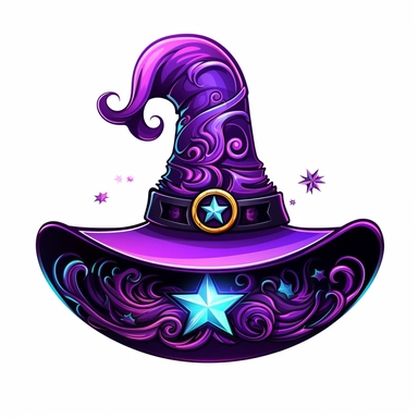 A witch hat. Black with an purple ribbon around the brim, star and moon decorations on a vibrant-colored brim. White background, vector, cartoon clipart, contour.