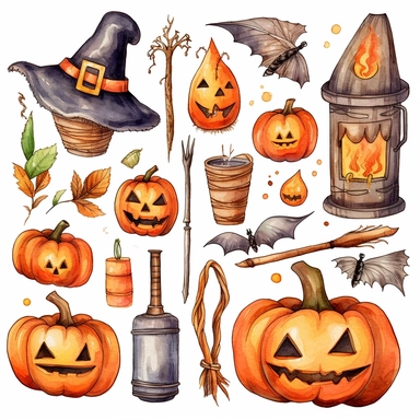 Watercolor line art, halloween themed items , illustrations clipart set, simple, halloween colors , cartoon elements, different variants , skeletons, pumpkins,broom, witch hat, candies, bats,lanterns, , modern art, separate elements with a margin
