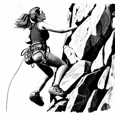 low detail clipart, illustration, rock climbing , black and white , women, simpe
