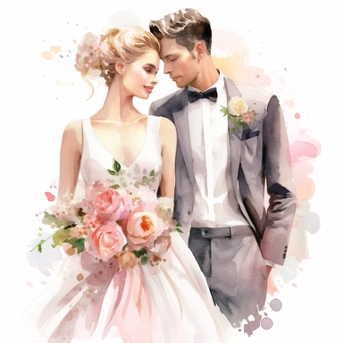 beautiful watercolor fun, happy and cute photorealistic white wedding couple, whole body, decorated in big pastel and light colors flowers in the style of aquarelist, wedding illustrations award winner, wedding clipart, 8k, white background, intricate details illustrations very detailed, uhd exquisite clothing detail, rimel neffati