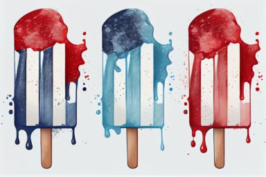 Red, white and blue patriotic popsicle on wooden stick. Hand drawn water color drawing on white, isolated clip art element for design. Memorial Day, Flag Day, 4th of July, Labor Day sweet decoration, realistic,