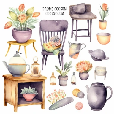 home decor items watercolor Clipart Collection, cute objects isolated on white background, high quality intricate detailed illustrations, delicate pencil texture, dotted texture, intense vivid colors, panasonic lumix s pro 50mm f/ 1. 4, rough clusters, strong use of contrast, dreamy mood