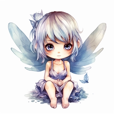 chibi little girl, big eyes, dressed as a fairy with wings on her back, beautiful and happy, she is sitting and head is turned towards camera, very detailed and realistic, watercolor, white background with margins, clipart style