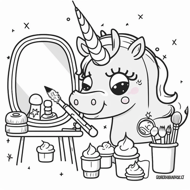 cute clipart cartoon of an happy unicorn putting makeup on her face in the bathroom coloring book cartoon style vector lines black and white with no background--v4