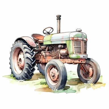 Farm Tractor , style by Lucy Fleming, watercolor, smooth gradients, black contour outline, ultra detailed, clipart elements, delicate pastel colors, solid white background, super clear, high quality