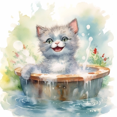 watercolor illustration, smiling with an open mouth kitten with a towel around its head and enjoying a hot spring, surrounded by gentle steam rising from the onsen water, feeling the pleasant sensation. Small bubbles dance through its fur, creating a mysterious yet beautiful sight. The cat stretches out, gradually unwinding, as the warmth of the onsen melts away the tension in its muscles. It gracefully savors the serene atmosphere and the gentle touch of nature, embracing the tranquility of the
