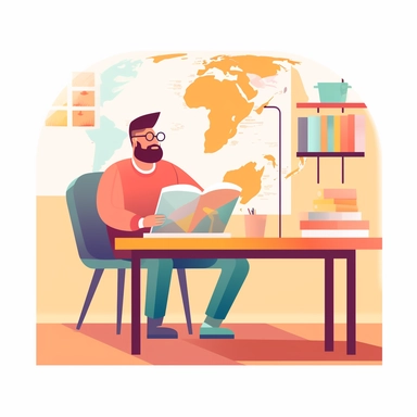 vector design, image the teacher in the classroom, the teacher is sitting at the table, there are books and a globe on the table, a map of the world is on the wall, flat modern illustration, clipart, white background, soft gradient transition, in the style of warm color palette, natural pastel colors, in bed red and yellow, object portraiture specialist, uniformly staged images, animated illustrations