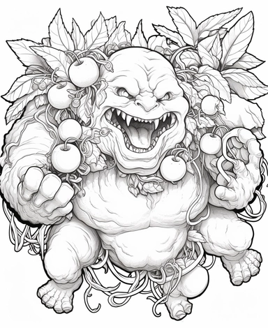 clean black and white coloring page of grape monster, resident evil style crisp lines white backgrount no fill, only black marker, low detail vector, clipart,