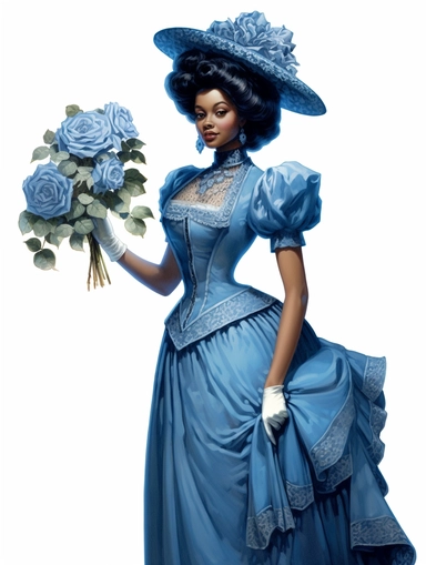 vintage beautiful victorian black woman in shabby chic high class dressholding a bouquet with blue roses on white background, blue theme, illustration, clipart