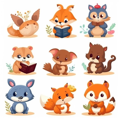 Create a set of clipart featuring cute animals engaged in various activities like reading a book, playing with a ball, gardening, or cooking. These versatile and adorable animal illustrations can be used in various educational materials, children's books, or crafting projects.