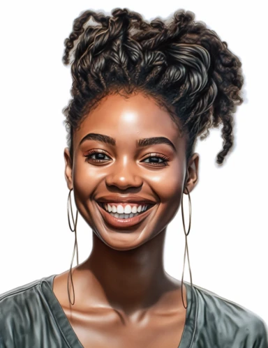 hasselblad 24 mm three quarters shot of a gorgeous african american woman, clipart, Composition: Relaxed position with intricate high hairstyle, smiling, detailed natural skin, Style: Nu-Goth, white background, hyperrealism, 32k