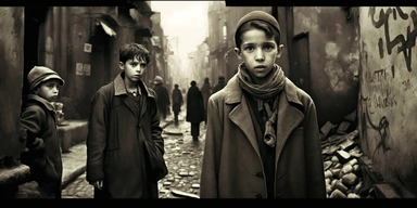 Creative graphic design, design, Small little jewish kids very thin, standing in front of the camera in the back The jewish WW2 the year is 1942, Very thin and poor people walking in the middle of a destroyed street in Warsaw, Huge destruction and devastation, dead people, dark sky, no hope, and the Resurrection, sepia colors, black and white, dark, deep pain, people in tremendous suffering, EPIC, Dark collage, clipart, graphic, illustrations, 16K